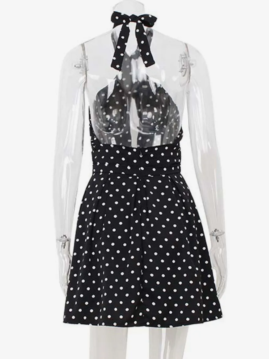 Robe mini dos nu à pois vintage pour femme - Robe d'été noire rétro à découpe en forme de goutte et col croisé - Idéale pour une soirée entre filles en 2026