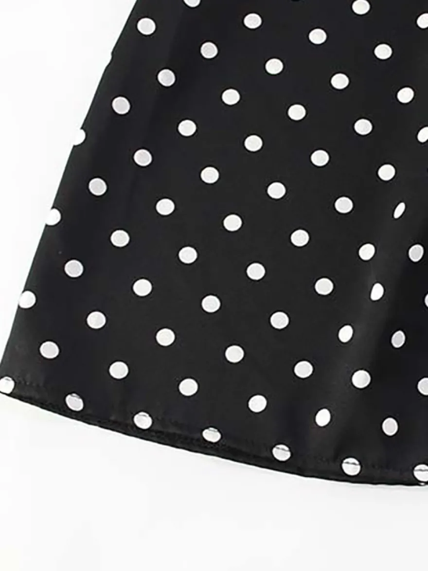 Robe mini dos nu à pois vintage pour femme - Robe d'été noire rétro à découpe en forme de goutte et col croisé - Idéale pour une soirée entre filles en 2026