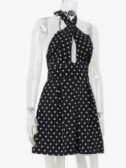 Robe mini dos nu à pois vintage pour femme - Robe d'été noire rétro à découpe en forme de goutte et col croisé - Idéale pour une soirée entre filles en 2026