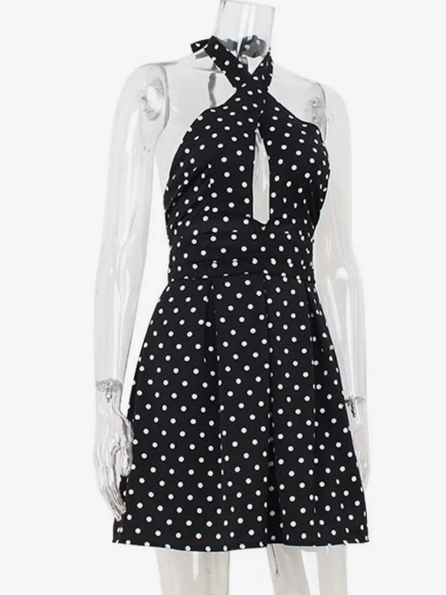 Robe mini dos nu à pois vintage pour femme - Robe d'été noire rétro à découpe en forme de goutte et col croisé - Idéale pour une soirée entre filles en 2026