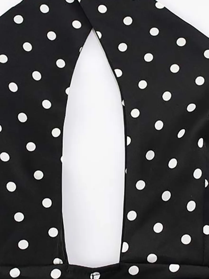 Robe mini dos nu à pois vintage pour femme - Robe d'été noire rétro à découpe en forme de goutte et col croisé - Idéale pour une soirée entre filles en 2026