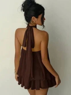 Robe mini dos nu à volants pour femme - Élégante robe patineuse en mousseline plissée dos nu et coupe ample - Vacances d'été à la plage 2026
