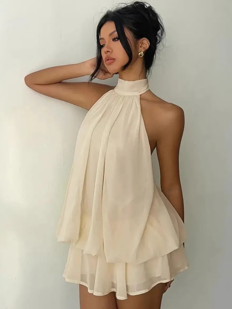 Robe mini dos nu à volants pour femme - Élégante robe patineuse en mousseline plissée dos nu et coupe ample - Vacances d'été à la plage 2026