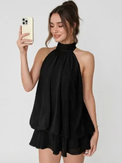 Robe mini dos nu à volants pour femme - Élégante robe patineuse en mousseline plissée dos nu et coupe ample - Vacances d'été à la plage 2026