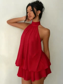 Robe mini dos nu à volants pour femme - Élégante robe patineuse en mousseline plissée dos nu et coupe ample - Vacances d'été à la plage 2026