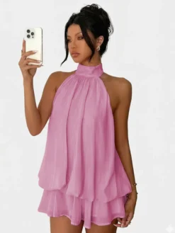 Robe mini dos nu à volants pour femme - Élégante robe patineuse en mousseline plissée dos nu et coupe ample - Vacances d'été à la plage 2026