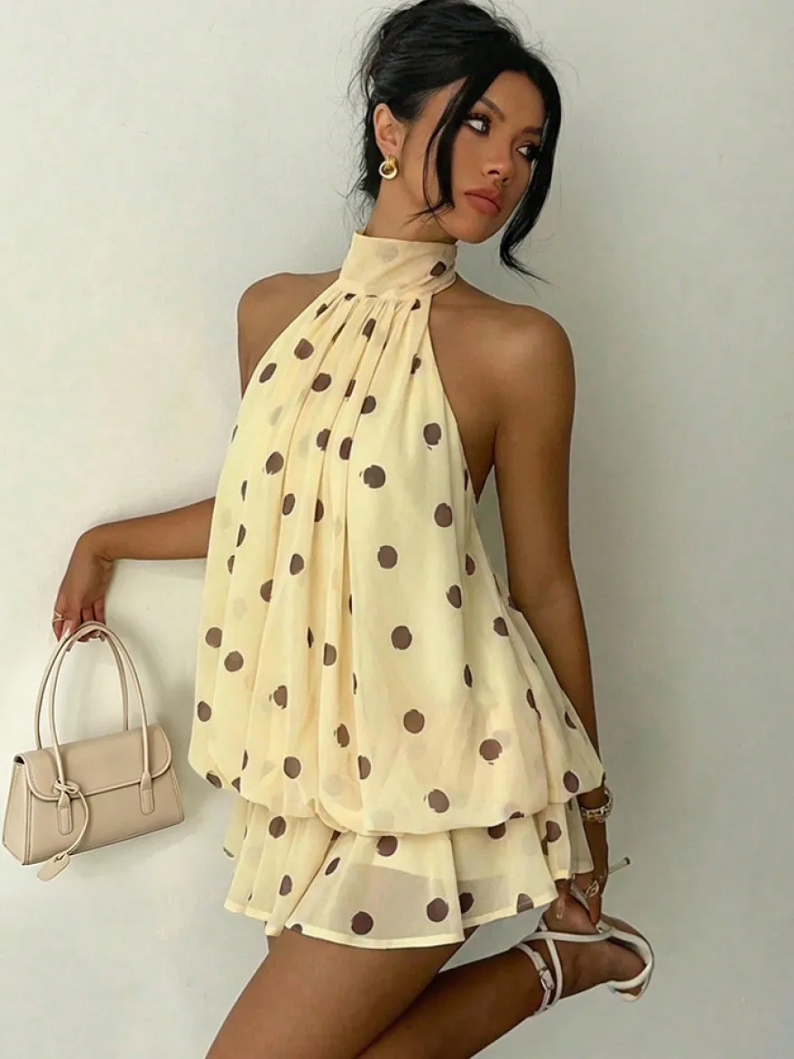 Robe mini dos nu à volants pour femme - Élégante robe patineuse en mousseline plissée dos nu et coupe ample - Vacances d'été à la plage 2026