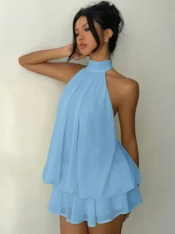 Robe mini dos nu à volants pour femme - Élégante robe patineuse en mousseline plissée dos nu et coupe ample - Vacances d'été à la plage 2026