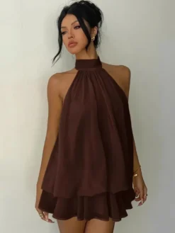 Robe mini dos nu à volants pour femme - Élégante robe patineuse en mousseline plissée dos nu et coupe ample - Vacances d'été à la plage 2026