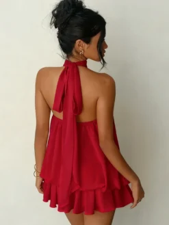 Robe mini dos nu à volants pour femme - Élégante robe patineuse en mousseline plissée dos nu et coupe ample - Vacances d'été à la plage 2026