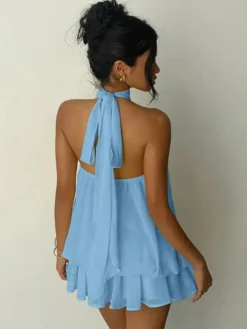 Robe mini dos nu à volants pour femme - Élégante robe patineuse en mousseline plissée dos nu et coupe ample - Vacances d'été à la plage 2026