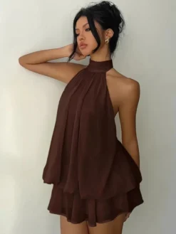 Robe mini dos nu à volants pour femme - Élégante robe patineuse en mousseline plissée dos nu et coupe ample - Vacances d'été à la plage 2026