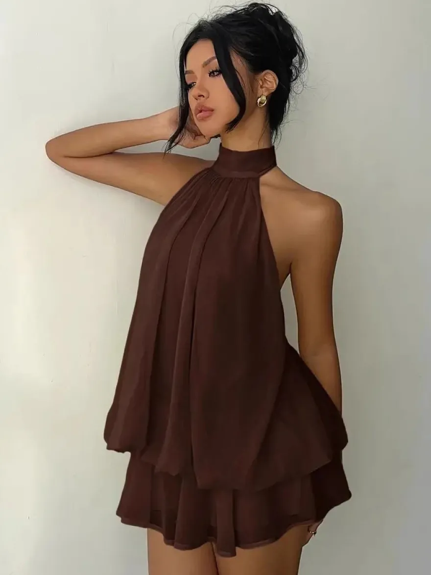 Robe mini dos nu à volants pour femme - Élégante robe patineuse en mousseline plissée dos nu et coupe ample - Vacances d'été à la plage 2026