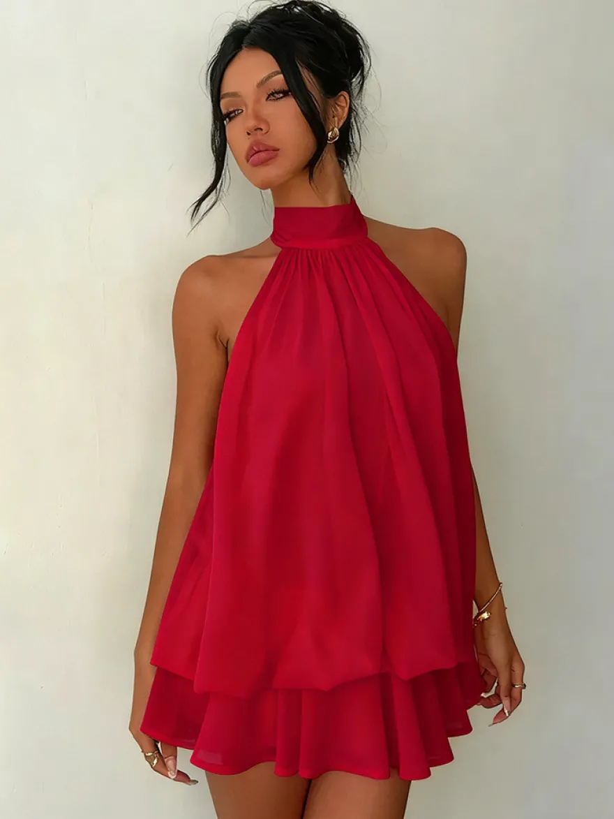 Robe mini dos nu à volants pour femme - Élégante robe patineuse en mousseline plissée dos nu et coupe ample - Vacances d'été à la plage 2026