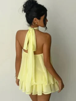 Robe mini dos nu à volants pour femme - Élégante robe patineuse en mousseline plissée dos nu et coupe ample - Vacances d'été à la plage 2026
