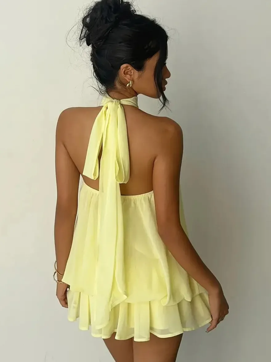 Robe mini dos nu à volants pour femme - Élégante robe patineuse en mousseline plissée dos nu et coupe ample - Vacances d'été à la plage 2026