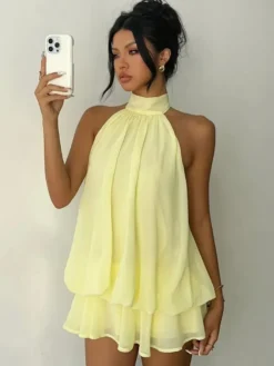 Robe mini dos nu à volants pour femme - Élégante robe patineuse en mousseline plissée dos nu et coupe ample - Vacances d'été à la plage 2026