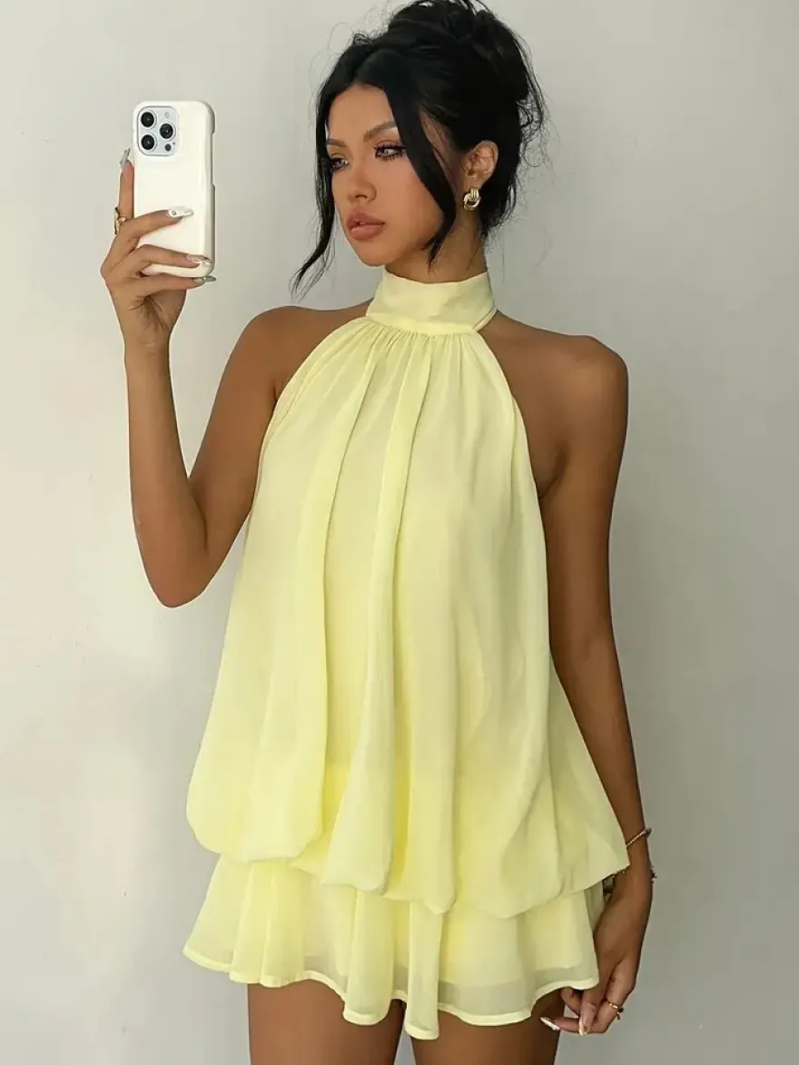 Robe mini dos nu à volants pour femme - Élégante robe patineuse en mousseline plissée dos nu et coupe ample - Vacances d'été à la plage 2026