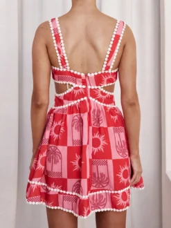 Robe mini d'été à découpe taille haute pour femme - Robe patineuse évasée sans manches imprimée bohème col en V - Idéale pour les fêtes d'été à la plage 2026