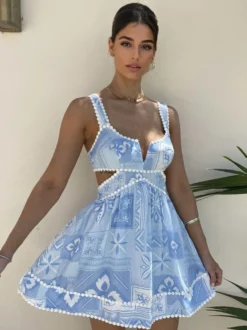 Robe mini d'été à découpe taille haute pour femme - Robe patineuse évasée sans manches imprimée bohème col en V - Idéale pour les fêtes d'été à la plage 2026
