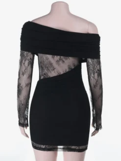 Robe mini en dentelle froncée pour femme - Robe moulante noire à épaules dénudées - Idéale pour les soirées en club du printemps 2026