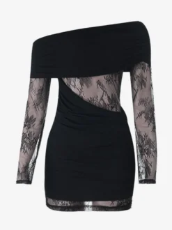 Robe mini en dentelle froncée pour femme - Robe moulante noire à épaules dénudées - Idéale pour les soirées en club du printemps 2026