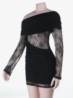 Robe mini en dentelle froncée pour femme - Robe moulante noire à épaules dénudées - Idéale pour les soirées en club du printemps 2026