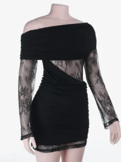 Robe mini en dentelle froncée pour femme - Robe moulante noire à épaules dénudées - Idéale pour les soirées en club du printemps 2026