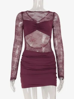 Robe mini en dentelle transparente froncée pour femme - Robe moulante sexy à dos nu et découpes - Soirée d'été en boîte de nuit 2026