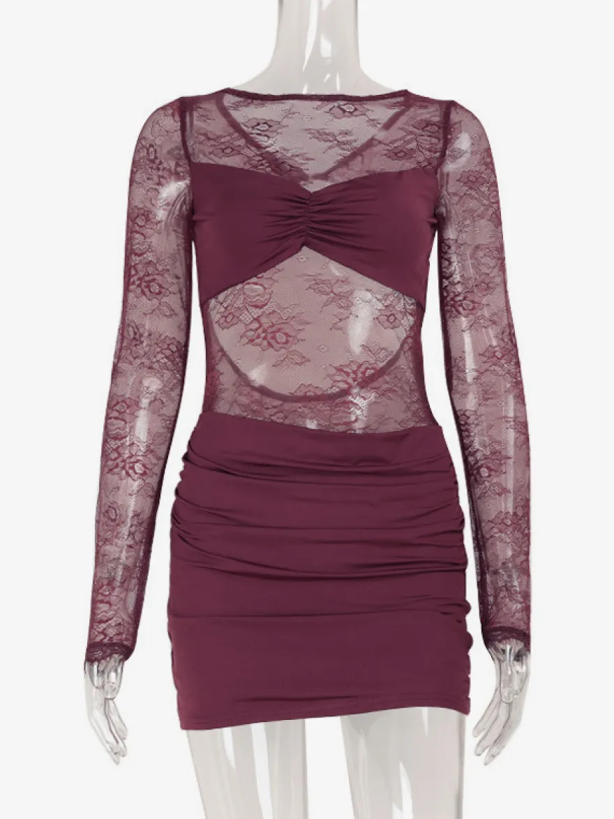 Robe mini en dentelle transparente froncée pour femme - Robe moulante sexy à dos nu et découpes - Soirée d'été en boîte de nuit 2026