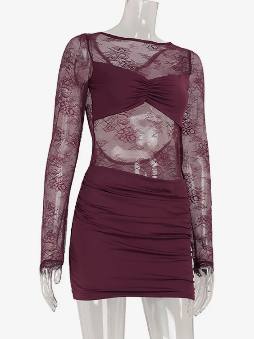 Robe mini en dentelle transparente froncée pour femme - Robe moulante sexy à dos nu et découpes - Soirée d'été en boîte de nuit 2026