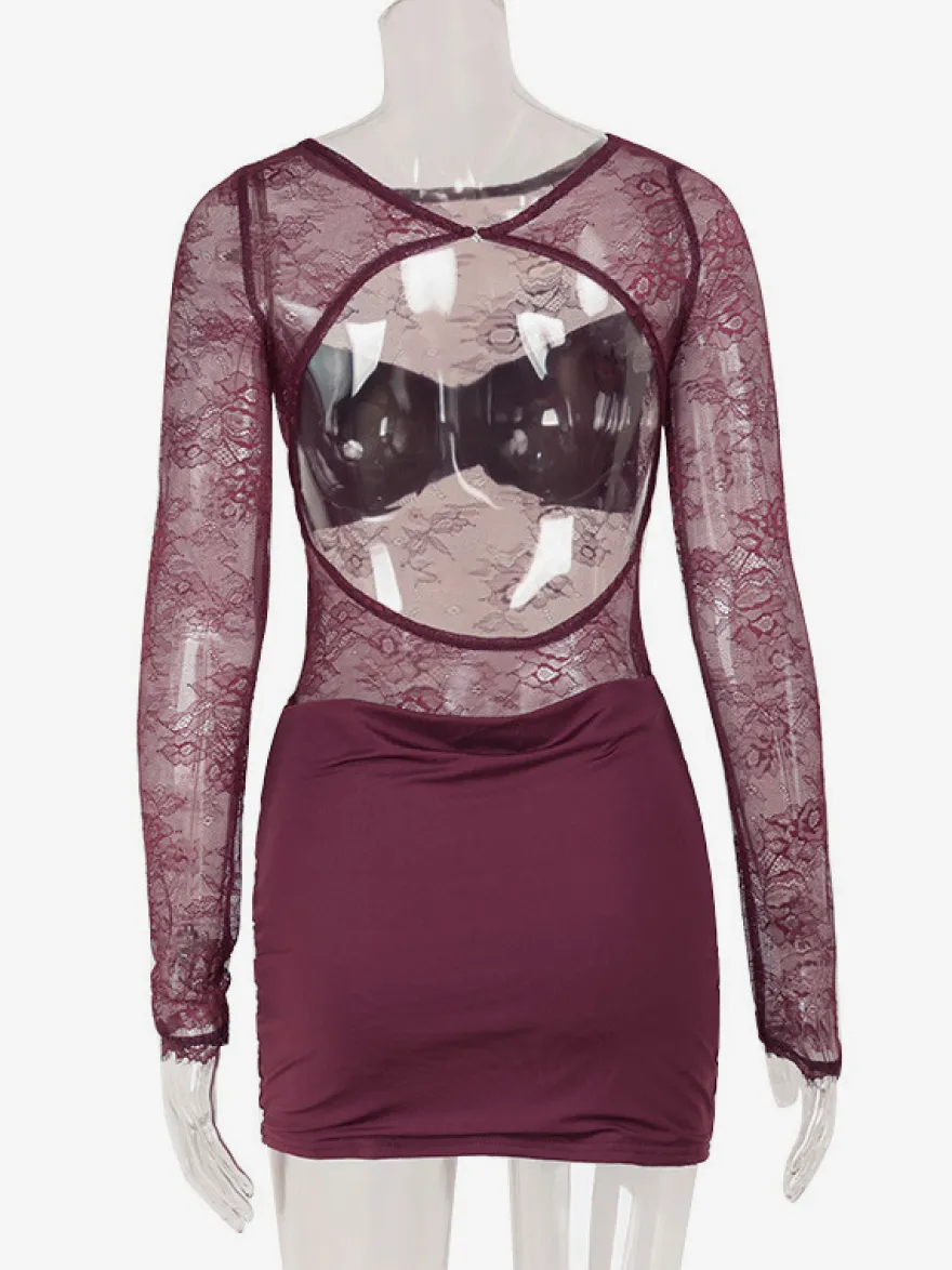 Robe mini en dentelle transparente froncée pour femme - Robe moulante sexy à dos nu et découpes - Soirée d'été en boîte de nuit 2026