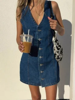 Robe mini en jean bleu marine à col V sans manches pour femme style rétro chic