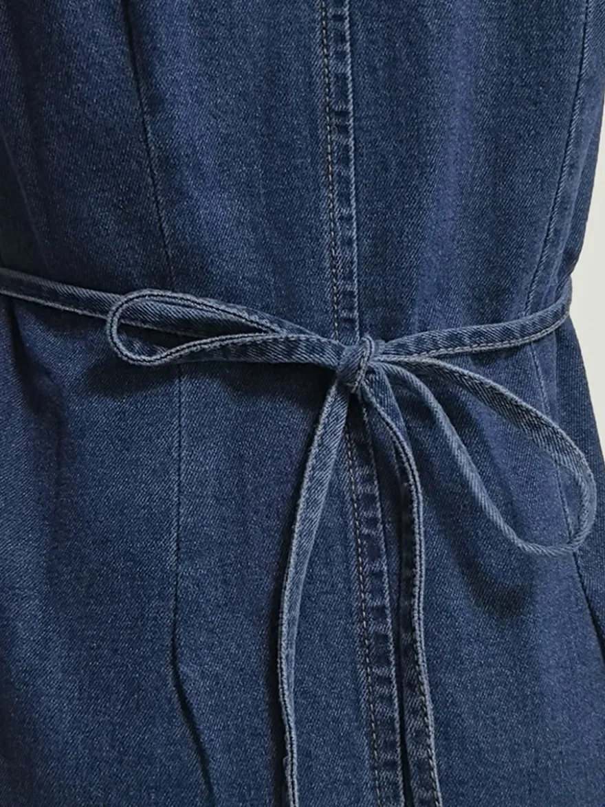 Robe mini en jean bleu marine à col V sans manches pour femme style rétro chic