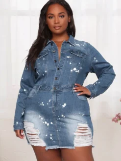 Robe mini en jean délavé pour femme - Robe moulante en jean bleu moyen à ourlet déchiré et imprimé éclaboussures de peinture - Idéale pour une soirée printanière 2026