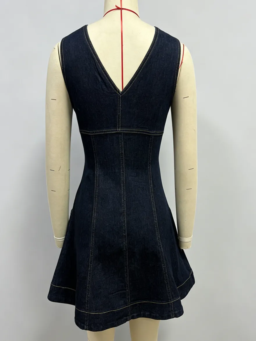 Robe mini en jean sans manches pour femme - Robe d'été bleu foncé style western avec fermeture éclair sur le devant et coupe ajustée - Festival de musique d'été 2026