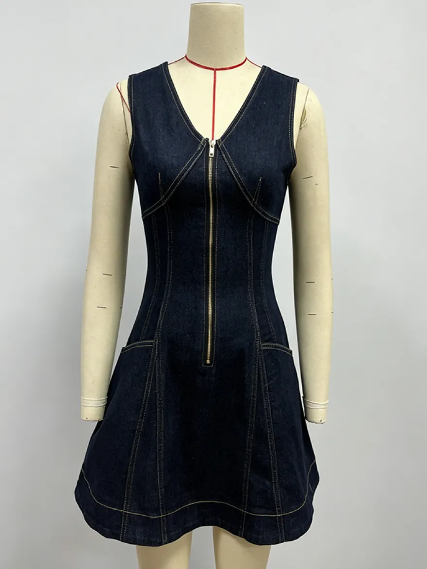 Robe mini en jean sans manches pour femme - Robe d'été bleu foncé style western avec fermeture éclair sur le devant et coupe ajustée - Festival de musique d'été 2026