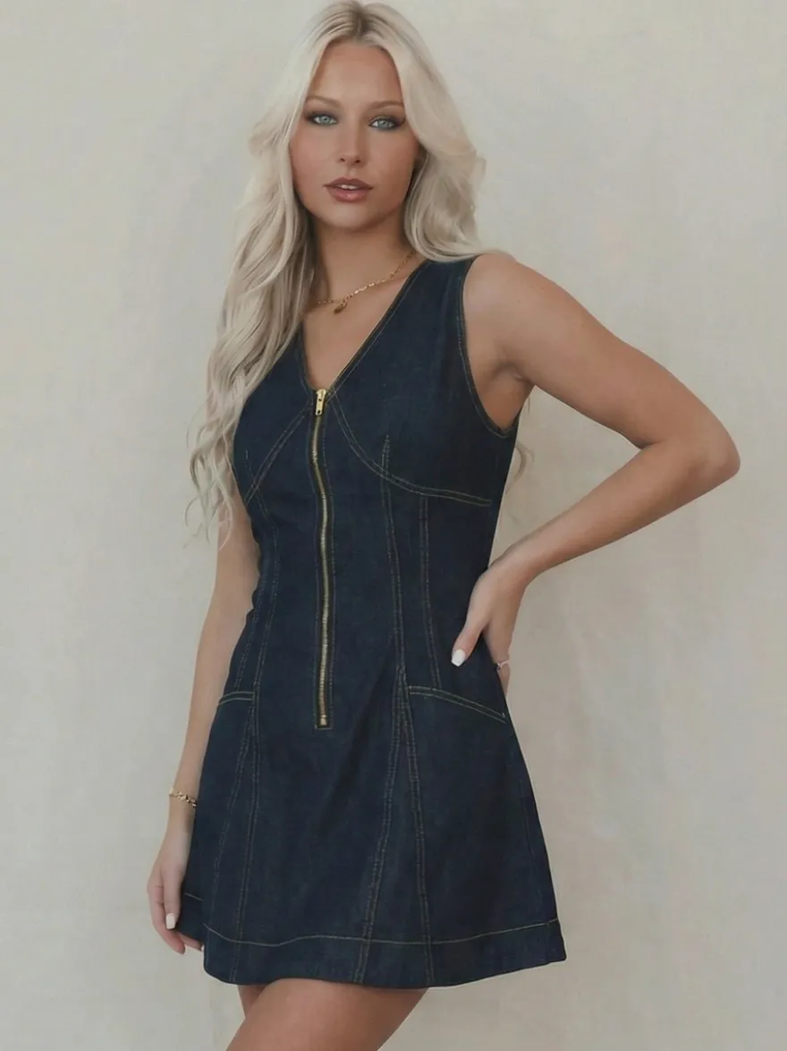 Robe mini en jean sans manches pour femme - Robe d'été bleu foncé style western avec fermeture éclair sur le devant et coupe ajustée - Festival de musique d'été 2026