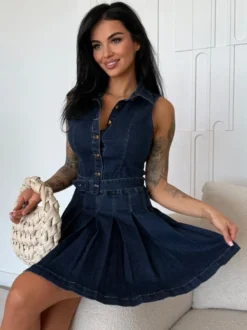 Robe mini en jean sans manches pour femme - Robe patineuse en jean plissée ceinturée et boutonnée style années 2000 - Idéale pour un pique-nique décontracté l'été 2026