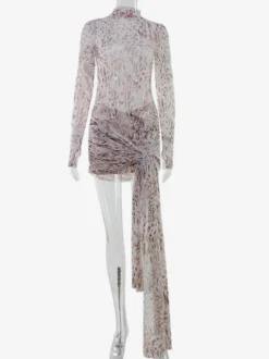 Robe mini en résille imprimé léopard pour femme - Col montant manches longues traîne drapée coupe moulante - Idéale pour une soirée en boîte au printemps 2026