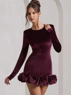 Robe mini en velours élégante avec ourlet à volants robe moulante à manches longues pour femmes 2026