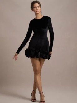 Robe mini en velours élégante avec ourlet à volants robe moulante à manches longues pour femmes 2026