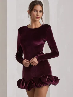 Robe mini en velours élégante avec ourlet à volants robe moulante à manches longues pour femmes 2026