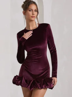 Robe mini en velours élégante avec ourlet à volants robe moulante à manches longues pour femmes 2026