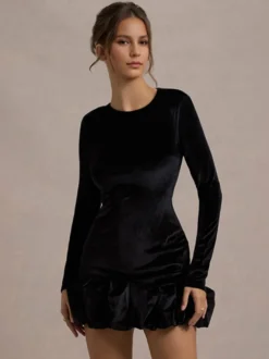 Robe mini en velours élégante avec ourlet à volants robe moulante à manches longues pour femmes 2026