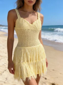 Robe mini à franges en crochet jaune crème pour femme style bohème plage