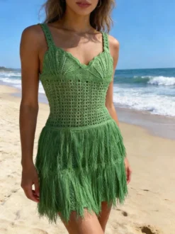 Robe mini à franges en crochet jaune crème pour femme style bohème plage
