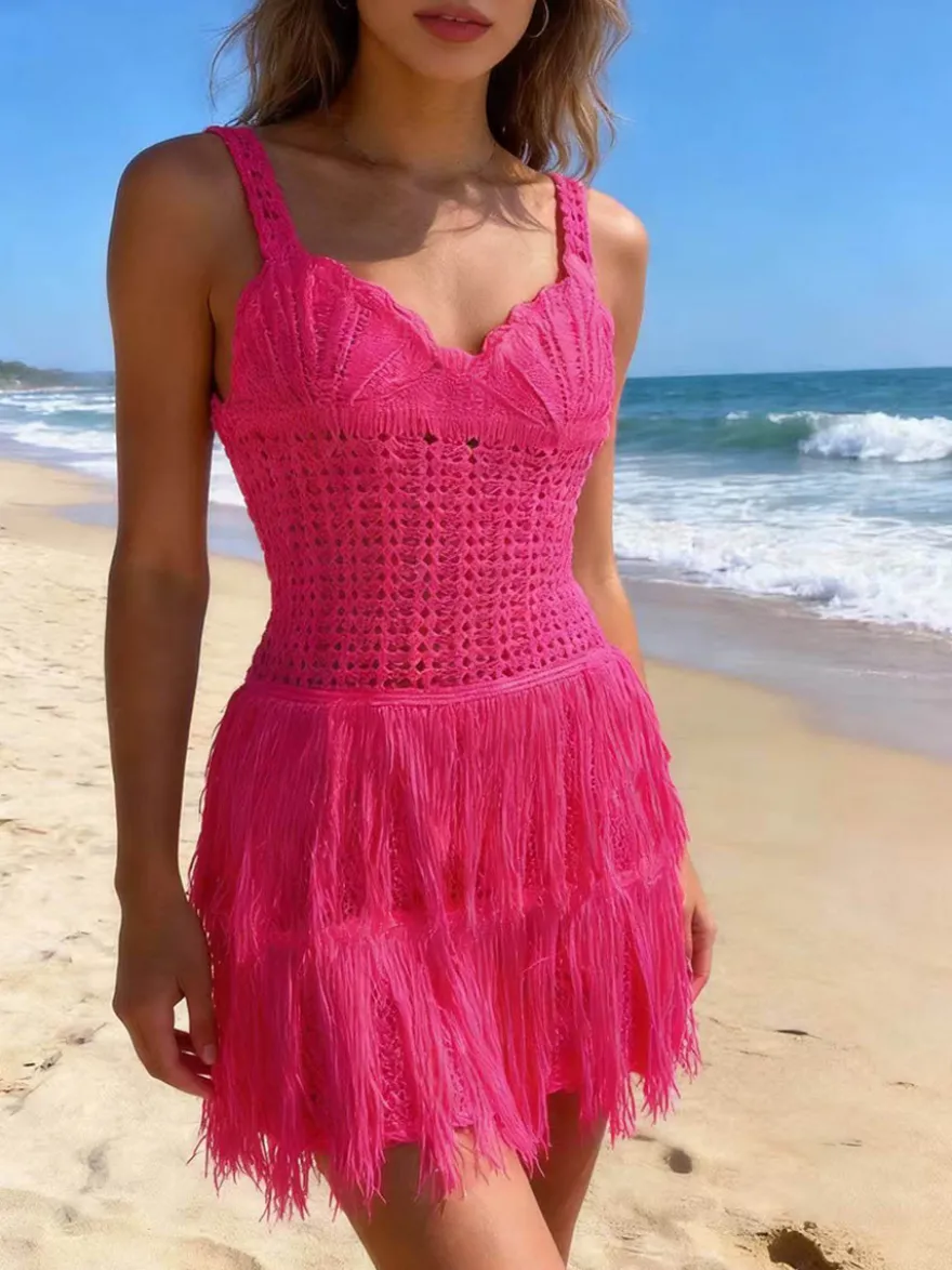 Robe mini à franges en crochet jaune crème pour femme style bohème plage