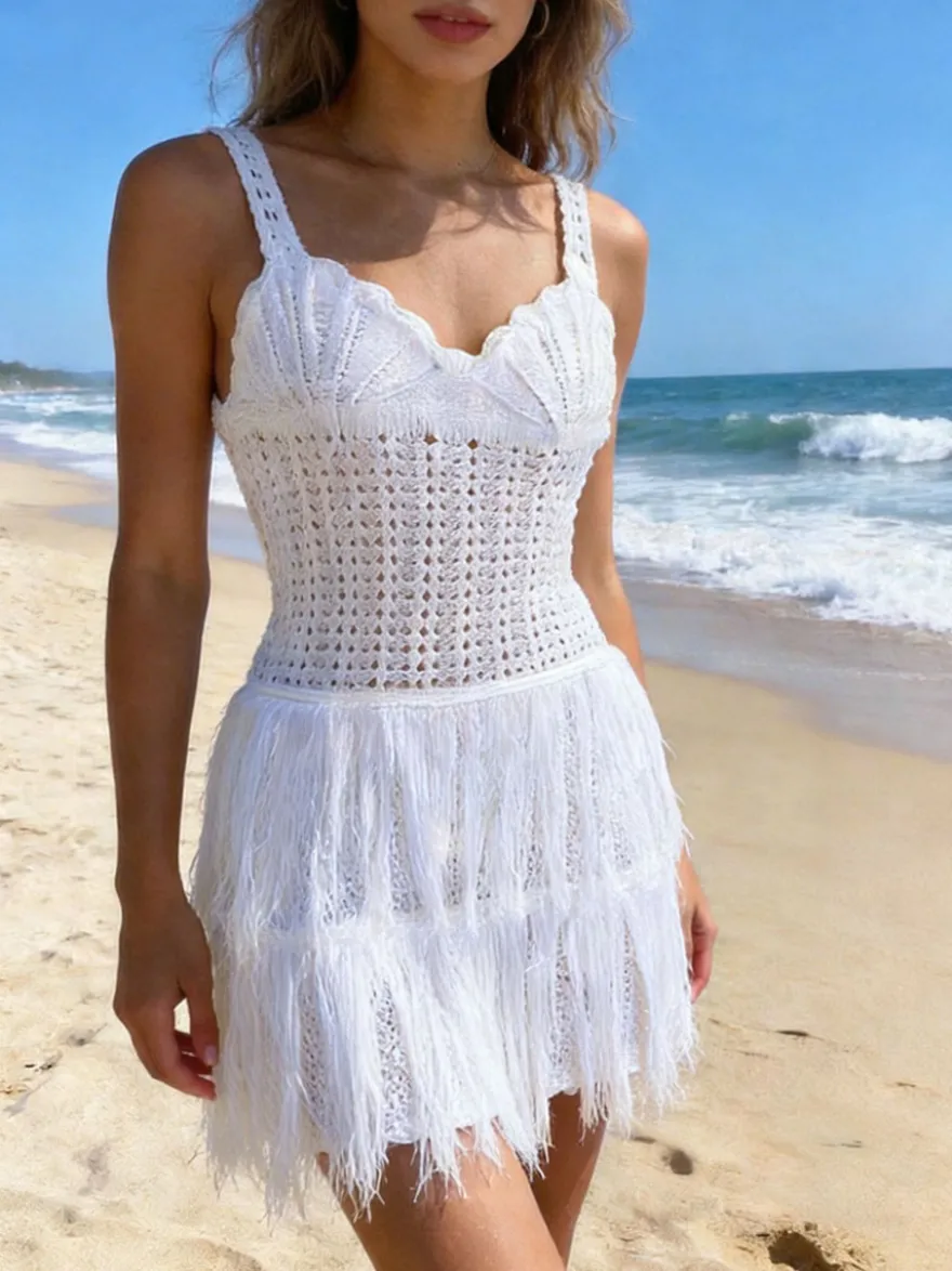 Robe mini à franges en crochet jaune crème pour femme style bohème plage