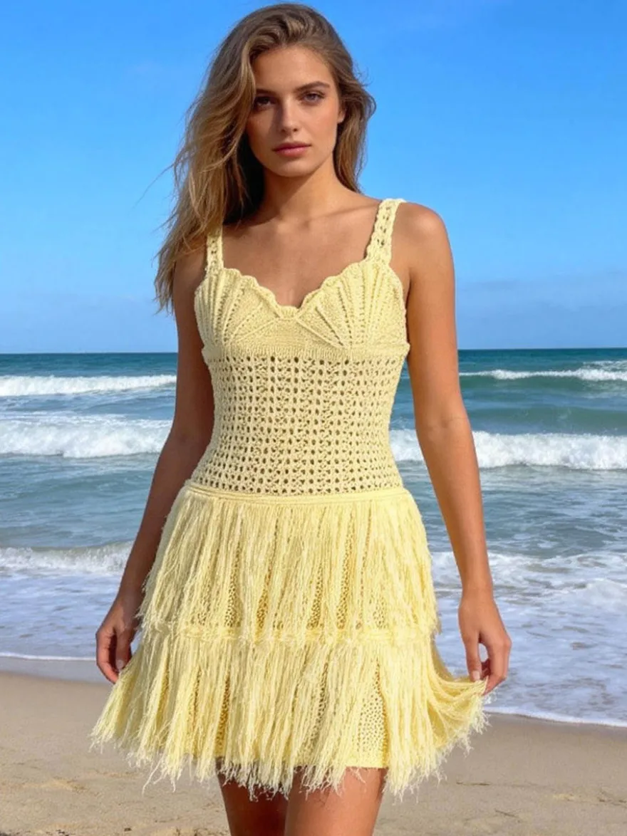 Robe mini à franges en crochet jaune crème pour femme style bohème plage